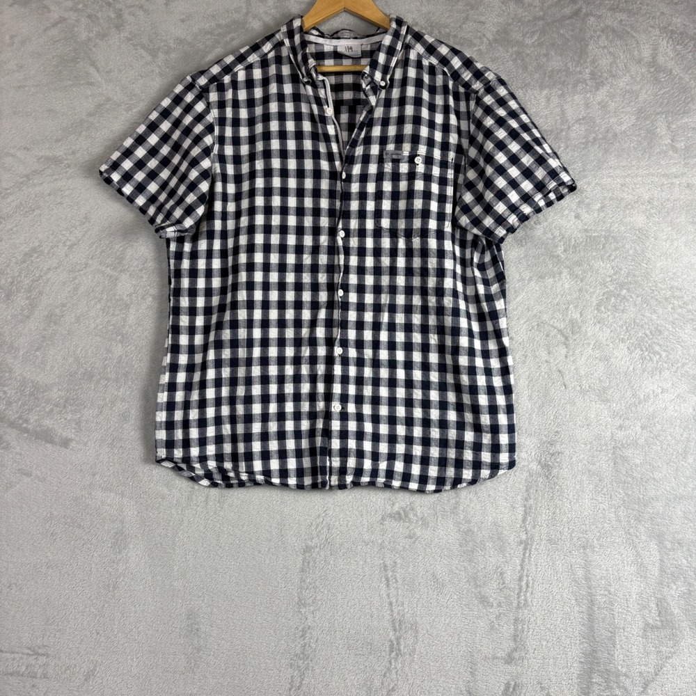 Columbia Mens XL Gingham Short Sleeve Button Down Shirt Navy Blue AM0343 Regular